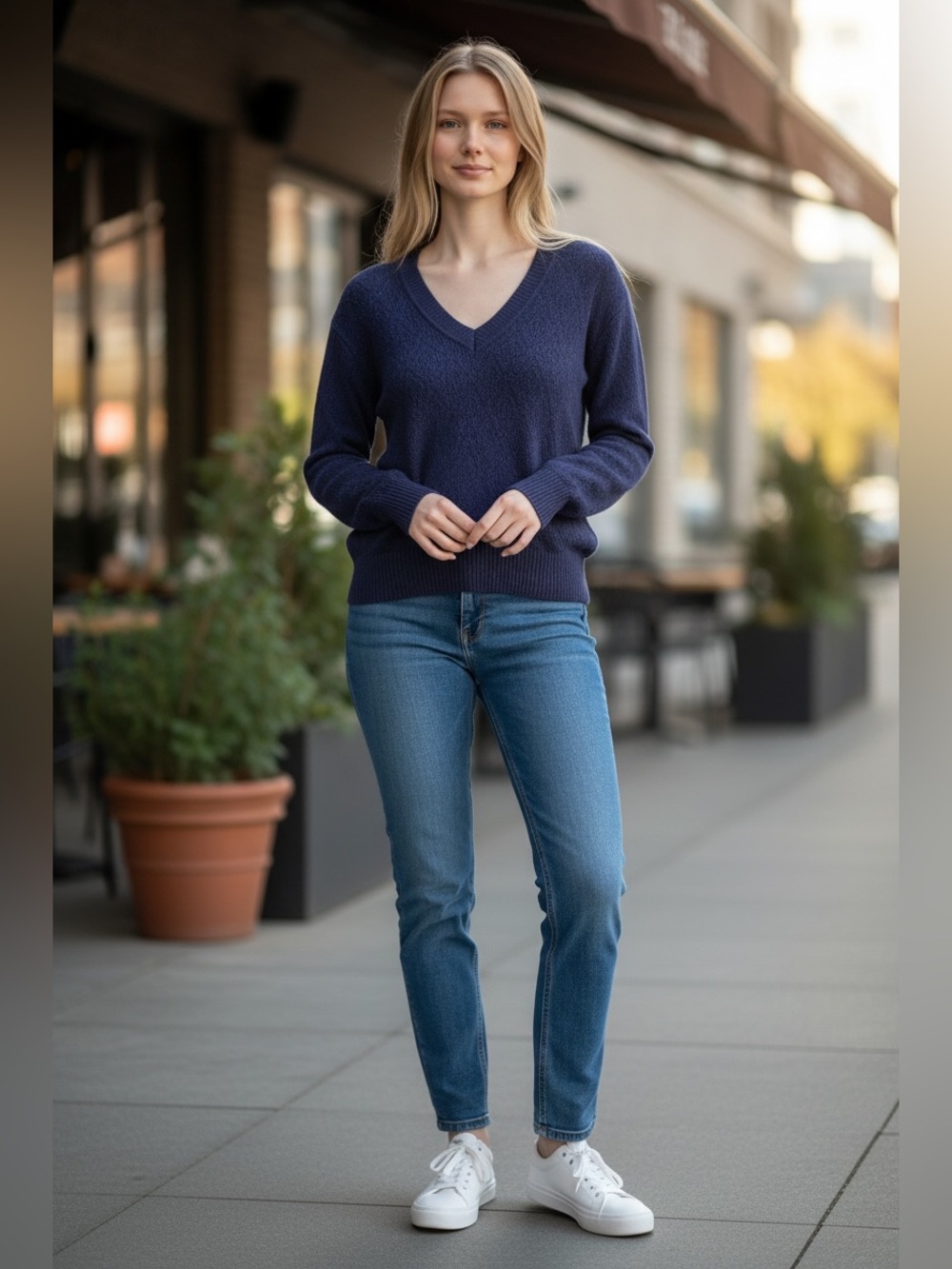Yves Saint Laurent Women's Navy V-Neck Sweater